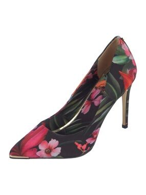 Ted Baker London Black Floral Pointed Toe Stiletto Heels with Gold Trim